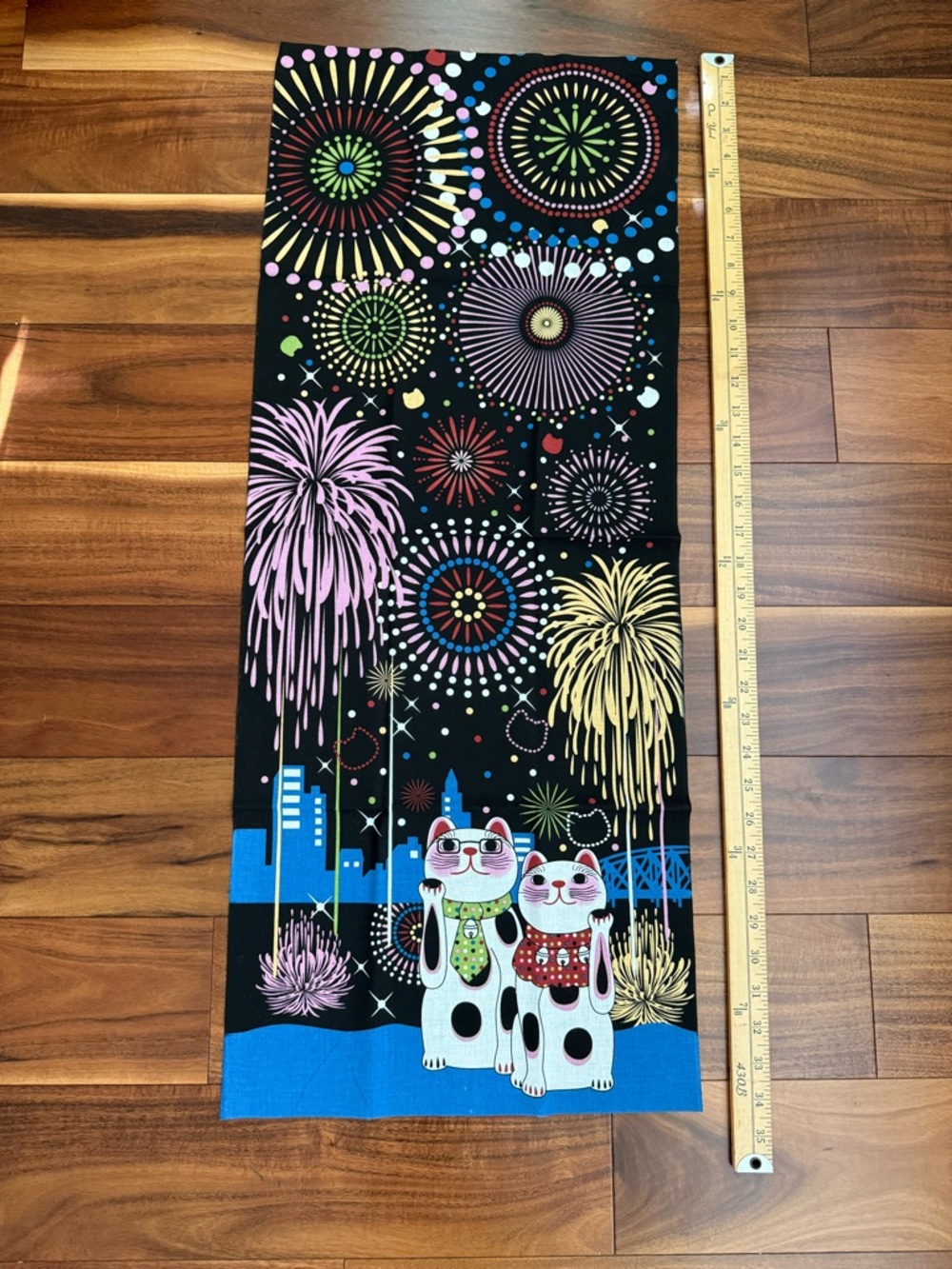 Japanese Tenugui Cotton Cloth Tapestry: Lucky Cats & Fireworks EPCOT Souvenir